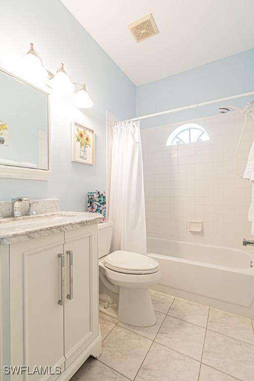 full bathroom featuring shower / bathtub combination with curtain, visible vents, vanity, and toilet