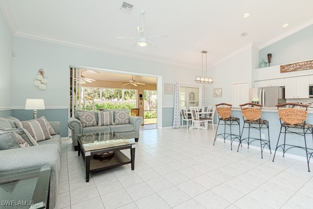 living room featuring ceiling fan, light tile patterned flooring, visible vents, baseboards, and ornamental molding