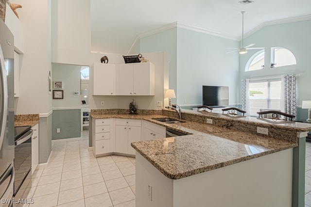 kitchen with range with electric cooktop, ornamental molding, a peninsula, white cabinetry, and a sink