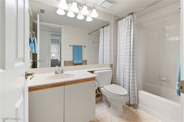 full bathroom with tile patterned floors, vanity, shower / bath combination with curtain, and toilet