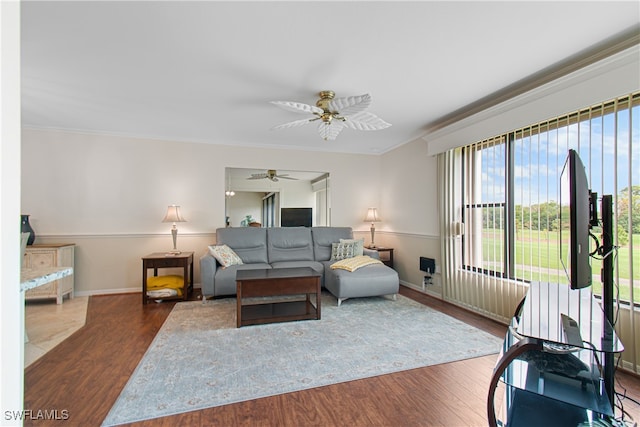 living room featuring ceiling fan, dark wood-type flooring, and ornamental molding