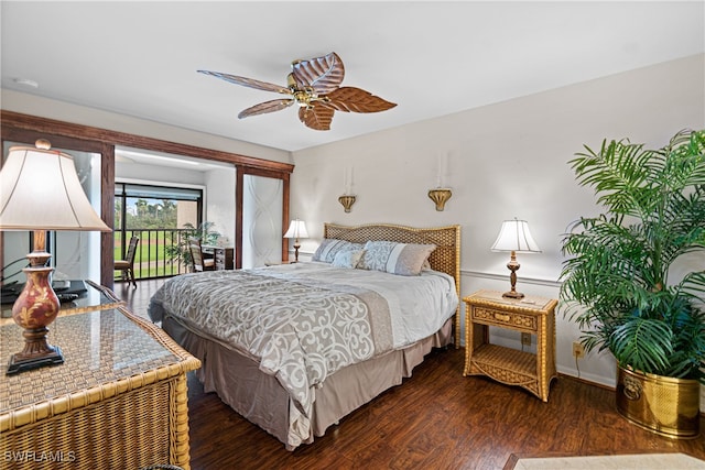 bedroom with access to exterior, ceiling fan, and dark hardwood / wood-style floors