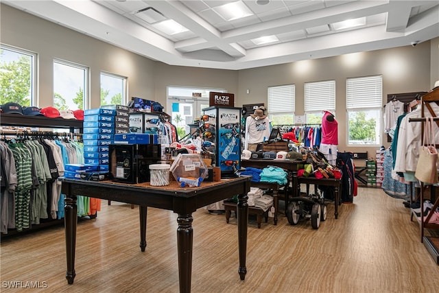 miscellaneous room featuring coffered ceiling, plenty of natural light, and light hardwood / wood-style flooring