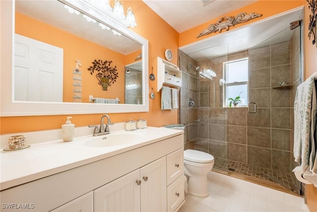 bathroom featuring an enclosed shower, vanity, and toilet