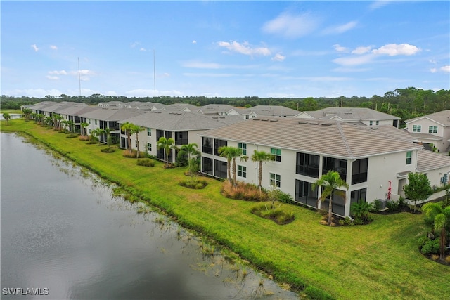 aerial view featuring a water view