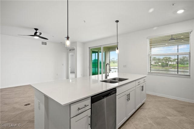 kitchen with white cabinets, sink, pendant lighting, a center island with sink, and dishwasher