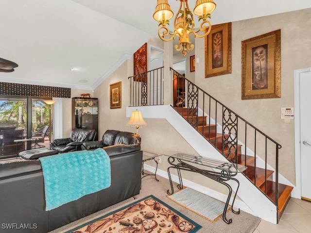 tiled living room with crown molding, lofted ceiling, and a notable chandelier