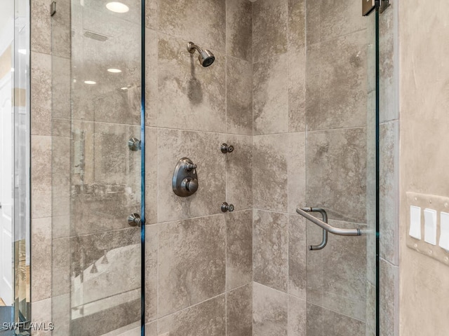 bathroom featuring a shower with shower door