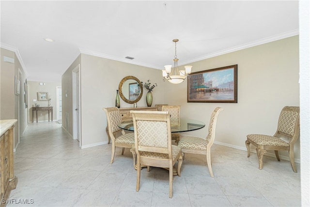 dining area featuring ornamental molding and a notable chandelier