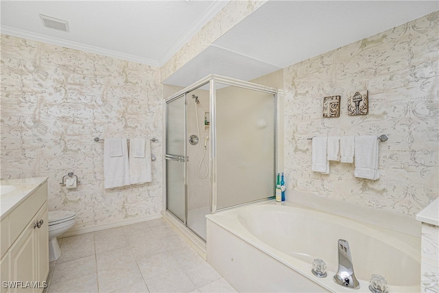 full bathroom featuring tile patterned floors, vanity, separate shower and tub, crown molding, and toilet