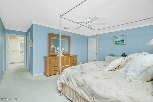 bedroom featuring ceiling fan, light colored carpet, and ornamental molding