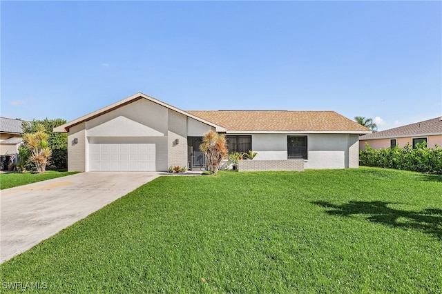 single story home with a front yard and a garage