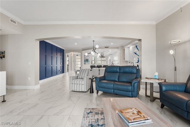 living room with ornamental molding