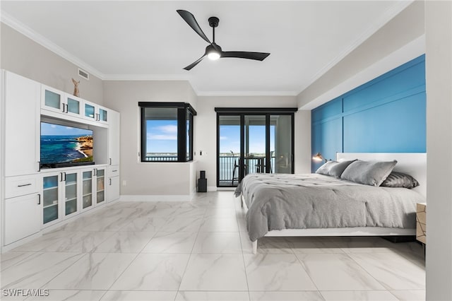 bedroom featuring access to exterior, french doors, ceiling fan, and crown molding