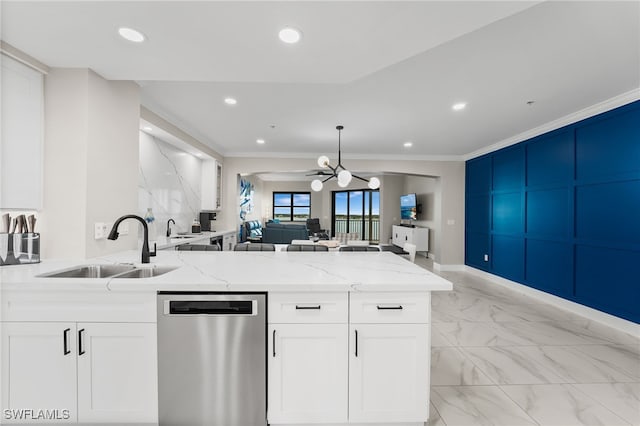 kitchen with crown molding, dishwasher, white cabinets, and light stone counters