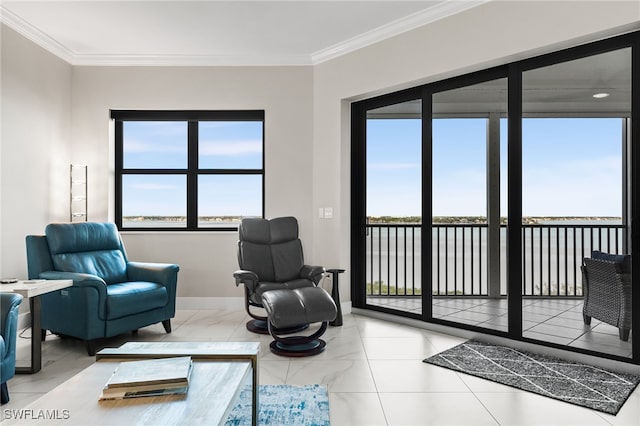 living room featuring crown molding, a water view, and light tile patterned flooring