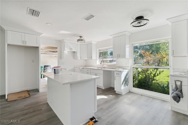 kitchen featuring a center island, light wood-type flooring, and white cabinetry