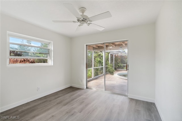 empty room with a wealth of natural light, ceiling fan, and wood-type flooring