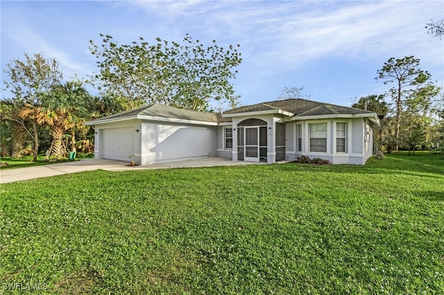 ranch-style home featuring a garage and a front yard