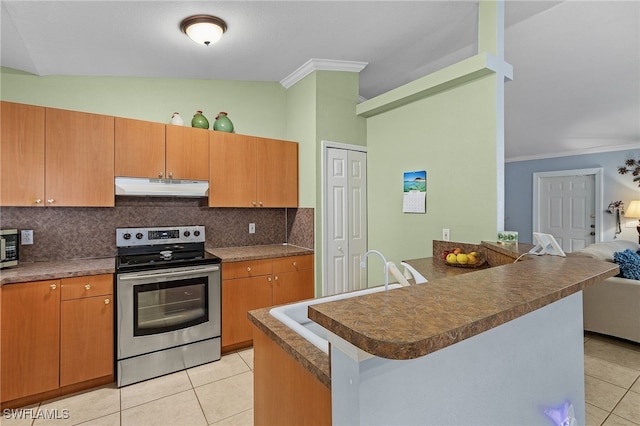 kitchen with ornamental molding, stainless steel appliances, tasteful backsplash, and lofted ceiling