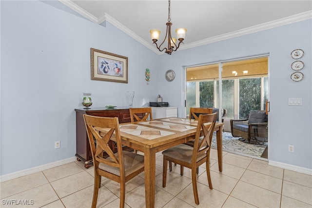 tiled dining area featuring vaulted ceiling, crown molding, and a chandelier