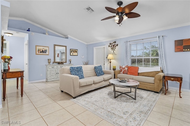 tiled living room featuring crown molding, ceiling fan, and lofted ceiling