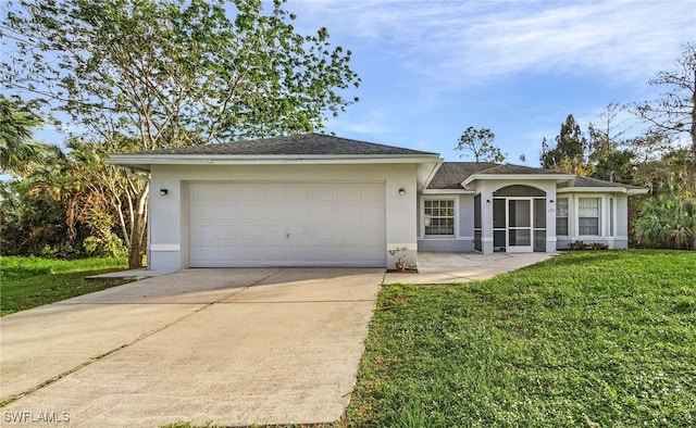 ranch-style home with a front yard and a garage