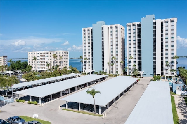 view of building exterior featuring a water view