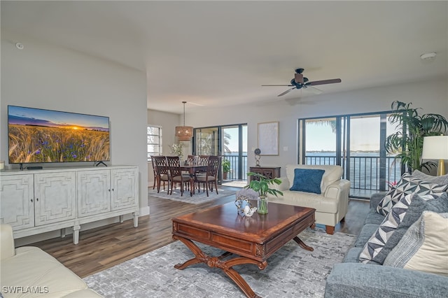 living room with ceiling fan and wood-type flooring