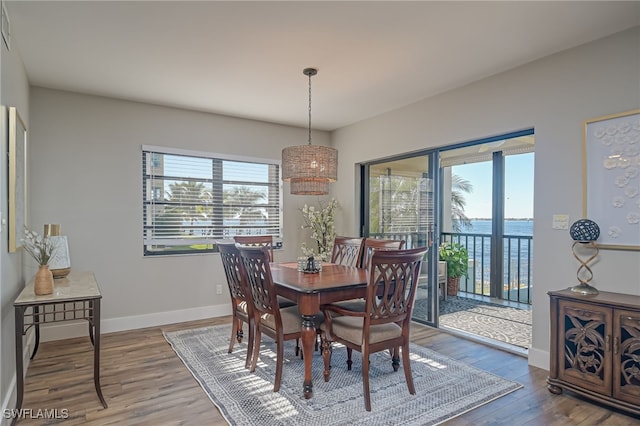 dining area with plenty of natural light, a water view, and hardwood / wood-style floors