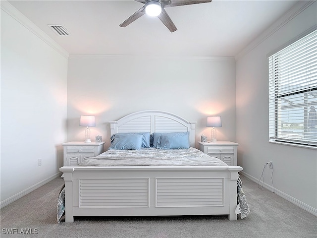 bedroom featuring light carpet, multiple windows, and ceiling fan