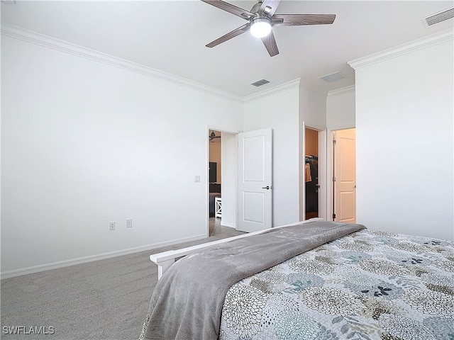 bedroom featuring carpet flooring, ceiling fan, and ornamental molding