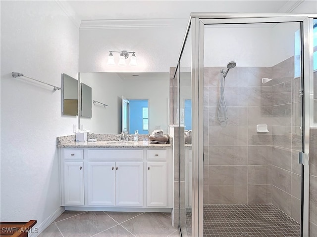 bathroom featuring crown molding, tile patterned flooring, and walk in shower