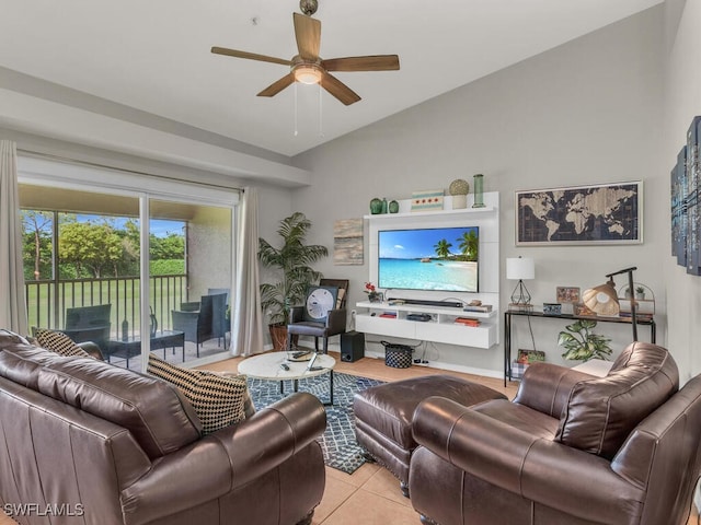 living room featuring ceiling fan and light tile patterned floors