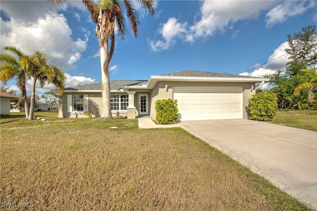 ranch-style home with a front lawn and a garage