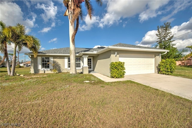 single story home with a front yard and a garage