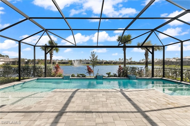 view of swimming pool featuring a lanai, a water view, a patio, and pool water feature