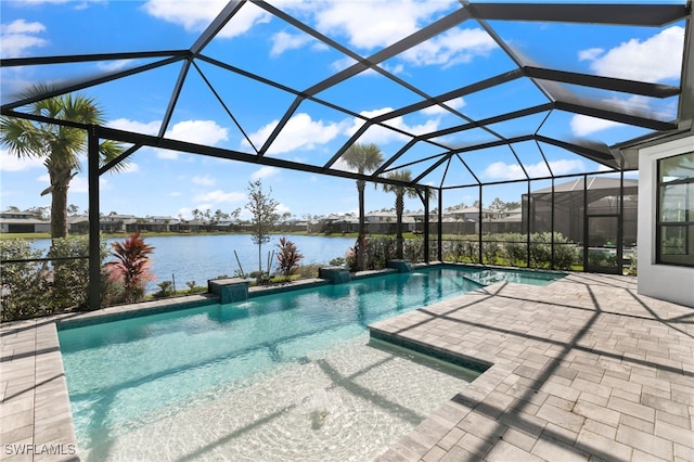 view of pool with a water view, a patio area, and a lanai