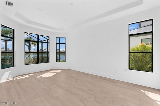 empty room featuring a tray ceiling and light hardwood / wood-style flooring