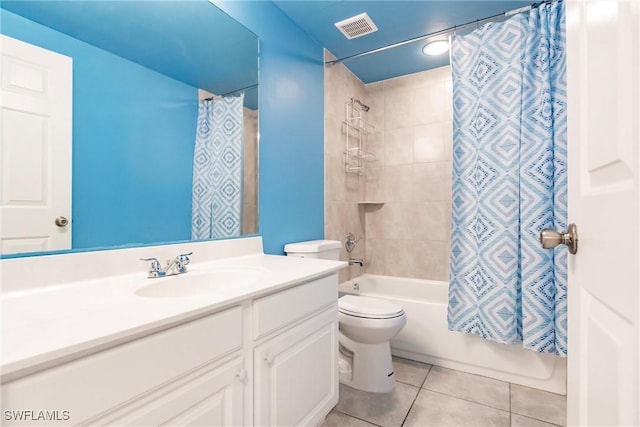 full bath with shower / bath combination with curtain, visible vents, toilet, vanity, and tile patterned floors