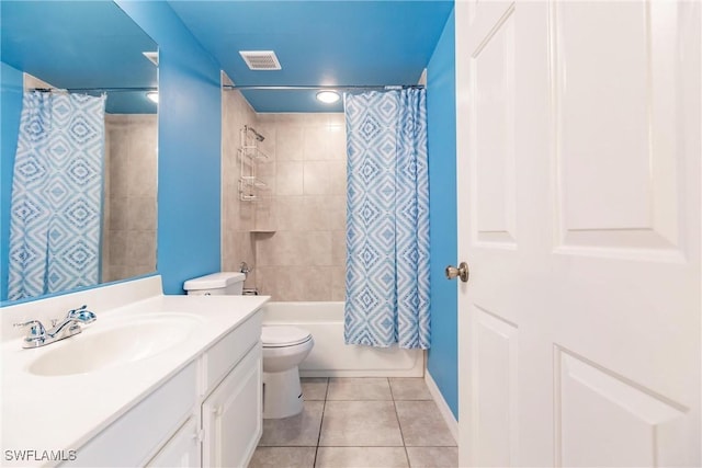 bathroom with shower / tub combo, visible vents, toilet, tile patterned flooring, and vanity