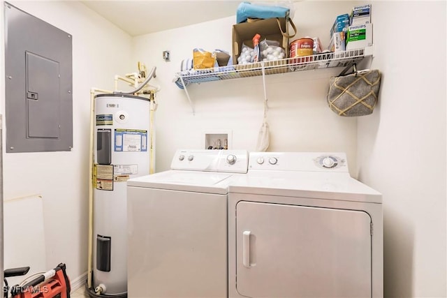 washroom with laundry area, electric panel, washer and clothes dryer, and electric water heater