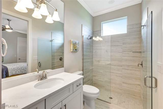 bathroom with toilet, walk in shower, crown molding, ceiling fan with notable chandelier, and vanity