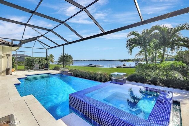 view of pool featuring a water view, a patio area, and a lanai