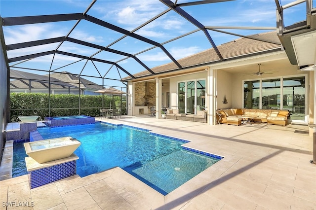 view of swimming pool with a patio area, an in ground hot tub, a lanai, ceiling fan, and an outdoor living space