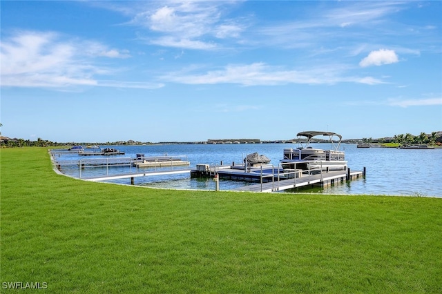 dock area with a water view and a lawn