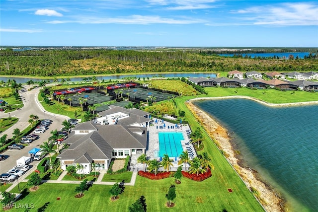 bird's eye view with a water view