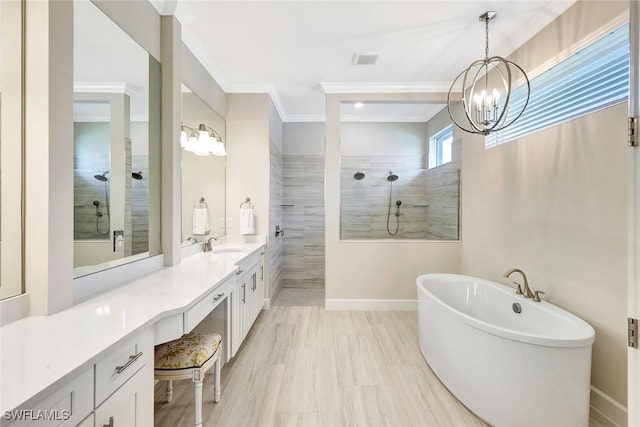 bathroom featuring vanity, crown molding, independent shower and bath, and a chandelier