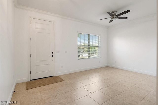 unfurnished room with crown molding, ceiling fan, and light tile patterned flooring