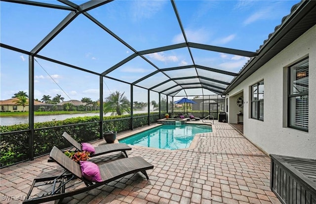 view of swimming pool featuring a lanai, a patio, and a water view